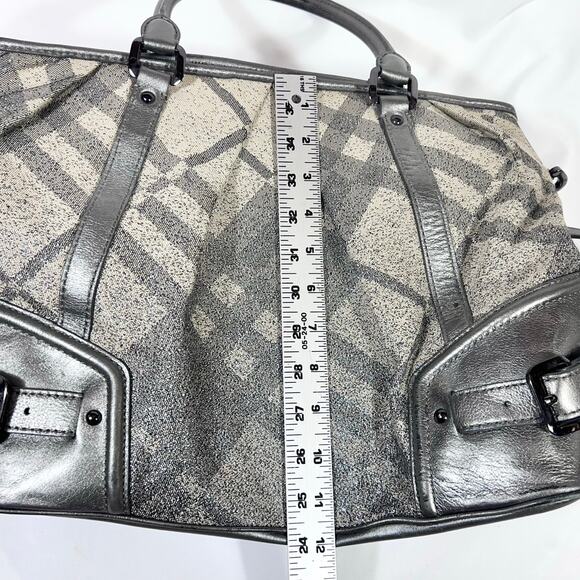 Burberry Pilgrim Tote Shoulder Bag Metallic Grey Beige Canvas Check Shopping - Picture 15 of 16
